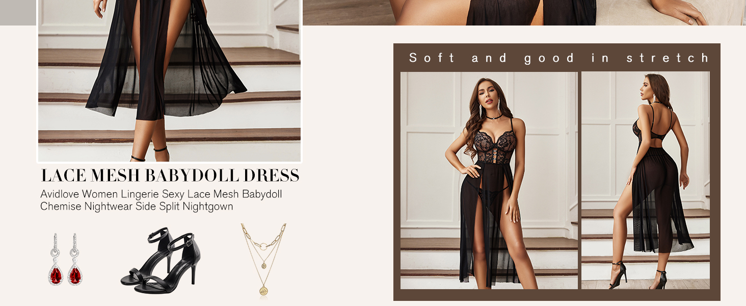 Avidlove Сексуальна спідня білизна для жінок: комплект з мережива, мереживна нічна сорочка-бабочка, корсет, нічне вбрання з боковим розрізом, XL, чорний