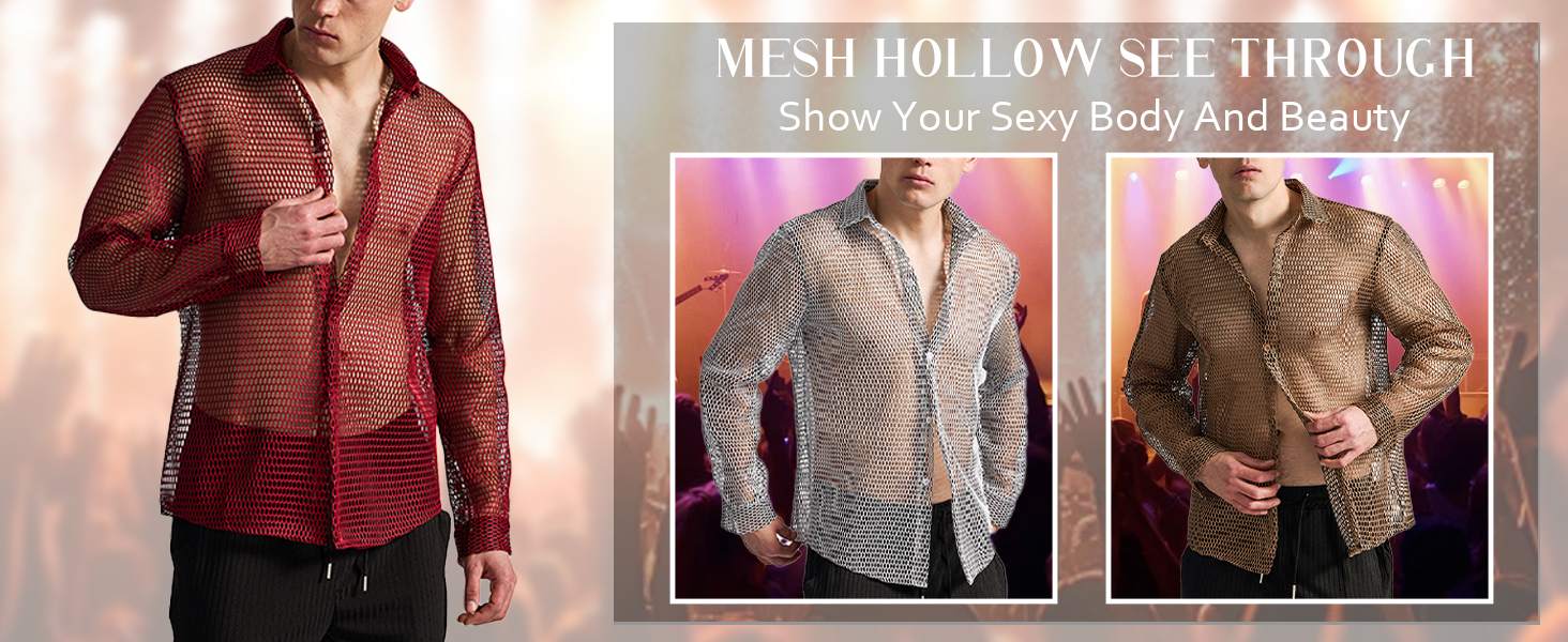 Чоловіча сітчаста сорочка з довгим рукавом AIEOE, сітчаста сорочка Fishnet, прозора футболка з м'язами, сорочка на ґудзиках, сітчаста сорочка, S-XXL, коричнева XL