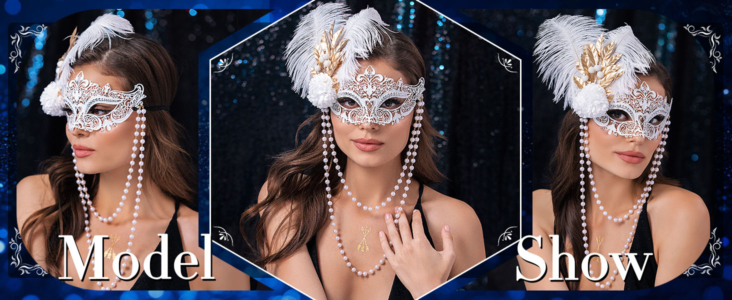 Маска для жінок IYOU, біла, з пір'ям та перловим намистом, для карнавалу, вечірки, балу