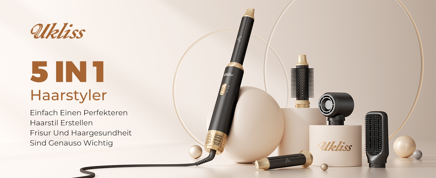 Мультистайлер для волосся 5 в 1 UKLISS Airstyler: фен, вирівнювач, круглі щітки та локони, чорний/золотий