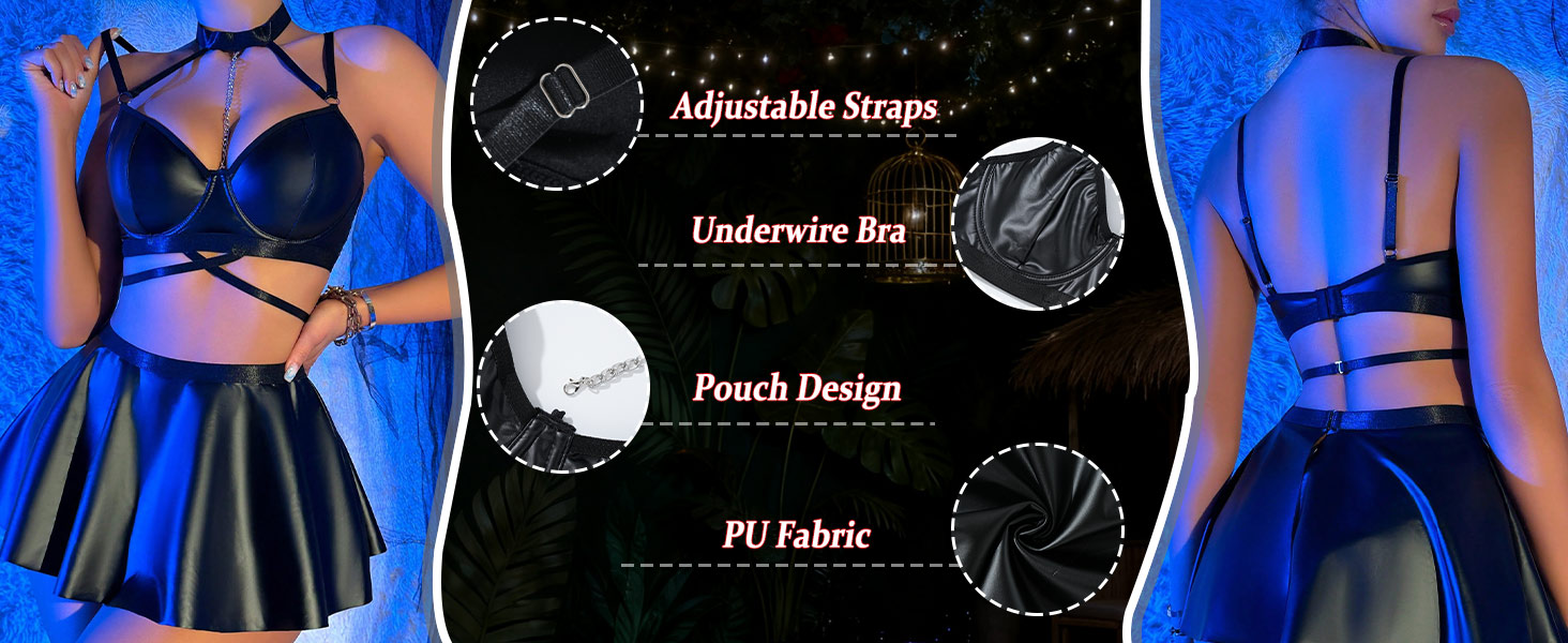 Комплект спідньої білизни FEOYA: бюстгальтер, труси G-string, спідниця з лакованого шкіряного ефекту, чорний, з ланцюжком, розмір M