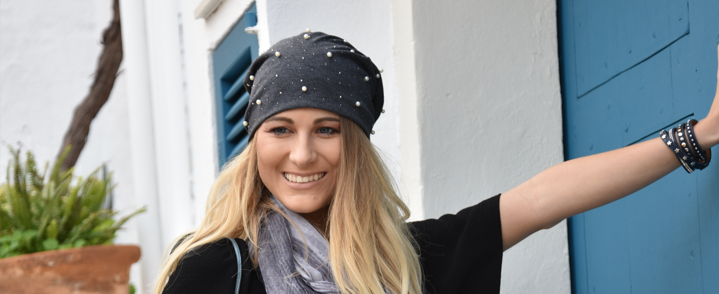 Жіноча шапка-біні styleBREAKER зі стразами та заклепками, синя меланж, Used Look, один розмір (до 59 см)
