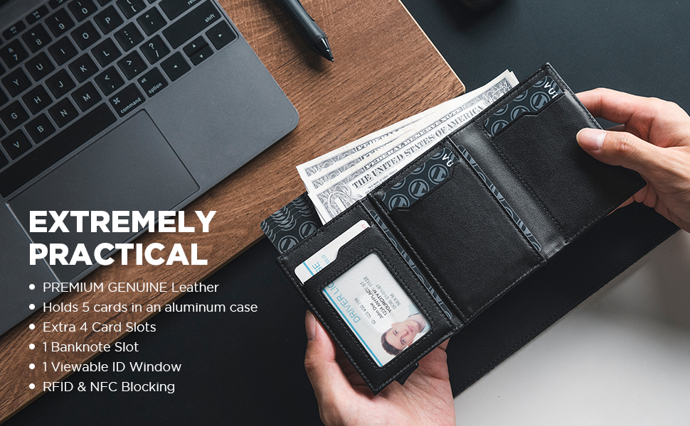 Шкіряний чоловічий картхолдер VULKIT з Pop-up механізмом, RFID-захистом, відділенням для купюр та вікном для ID (натуральна шкіра, чорний)