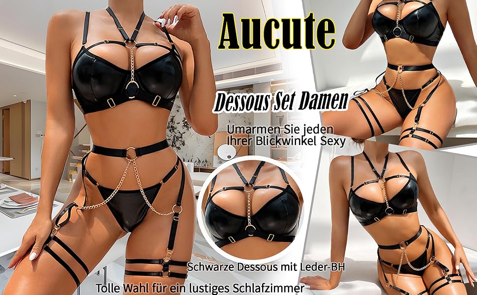 Сексуальна спідня білизна від Aucute Strapsen: бюстгальтер з кісточками та труси з ланцюжком, 6-частинний комплект, чорний