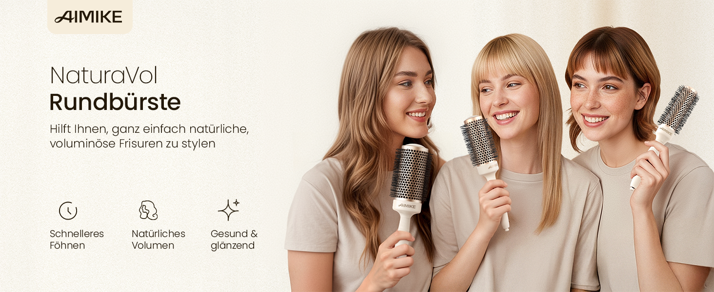 Кругла щітка для волосся AIMIKE NaturaVol Medium для сушіння феном та стайлінгу, об'єм та гладкість, 43мм (діаметр основи), 63мм (з щетиною), 2 затискачі в комплекті