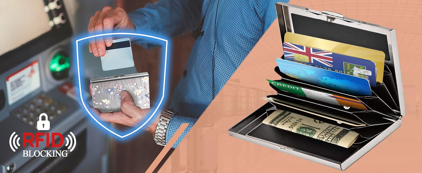 Слімарт-гаманець для кредитних карток з RFID-захистом, металевий ультратонкий картхолдер з гравіюванням «Квітка» (на 6 карток, срібний)