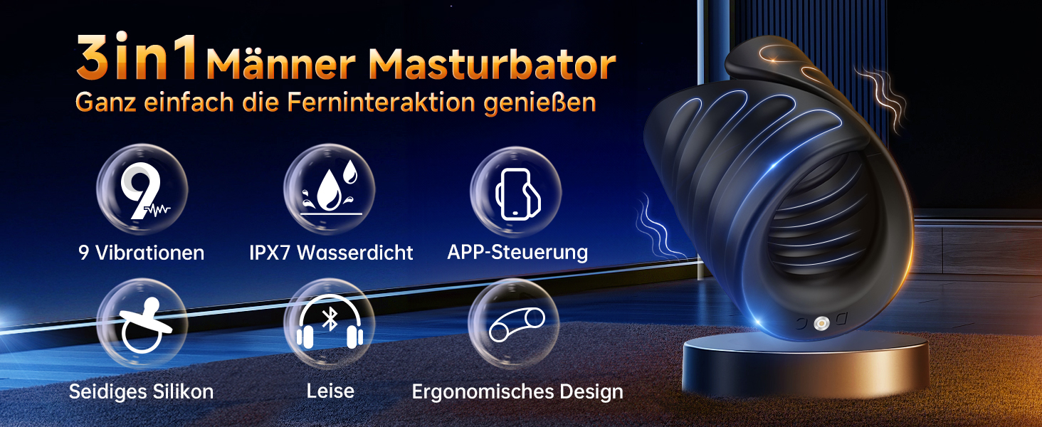 Інтимний масажер для пар з 9 вібраціями та функцією постукування, керування через додаток, подвійні кільця, презервативна накладка, чорний