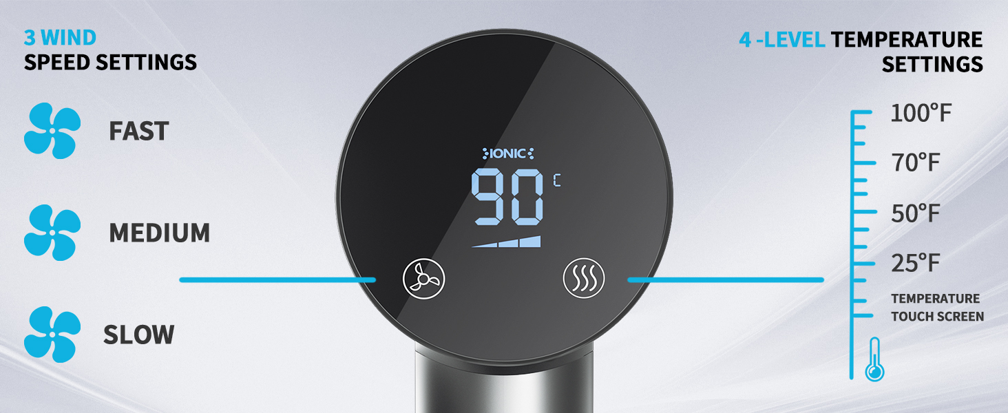 Іонний фен для сушіння волосся 1500W з тачскріном, дифузором та HD-дисплеєм, 4 температурні та 3 швидкісні режими, Dark Grey
