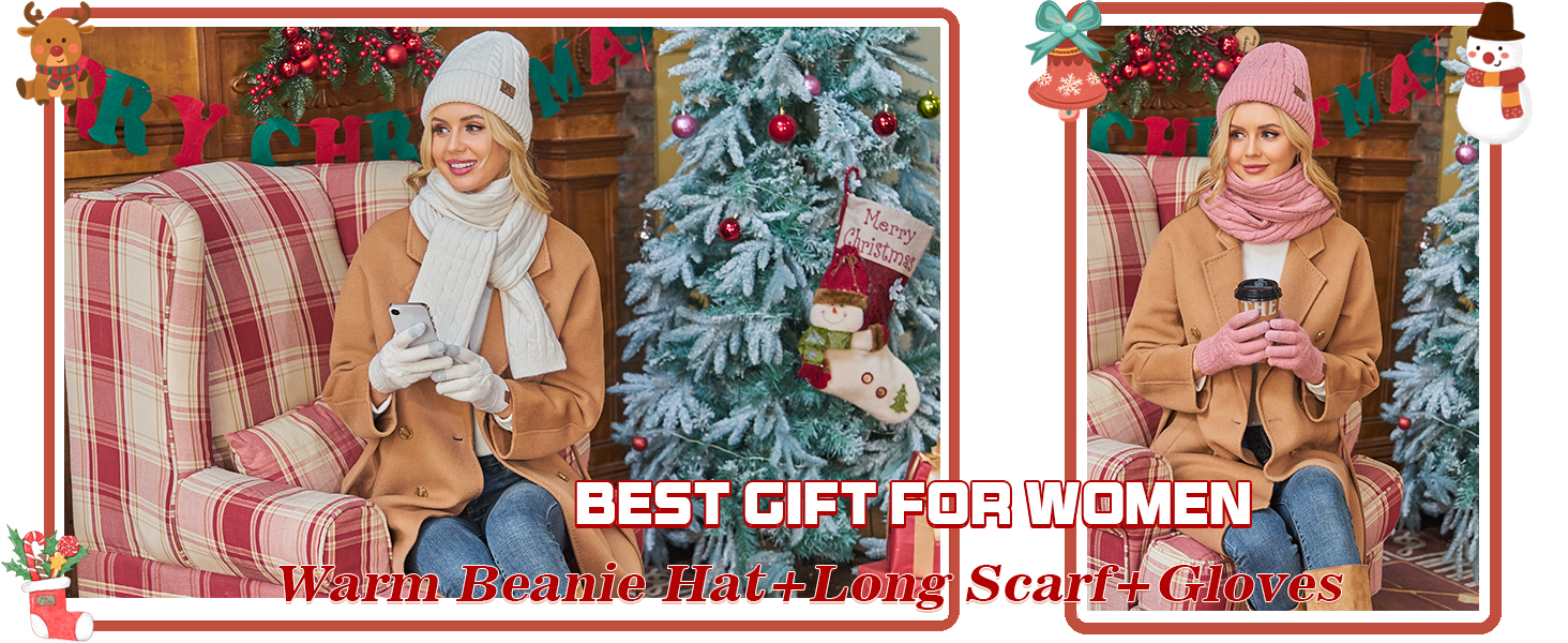 Зимовий подарунковий набір для жінок ZASFOU: тепла в'язана шапка-біні, шарф та сенсорні рукавички, білий, універсальний розмір