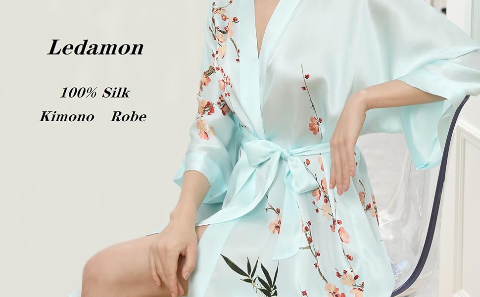 Шовковий халат-кімоно Ledamon для жінок, 100% шовк, квітковий дизайн, універсальний розмір, чорний колір