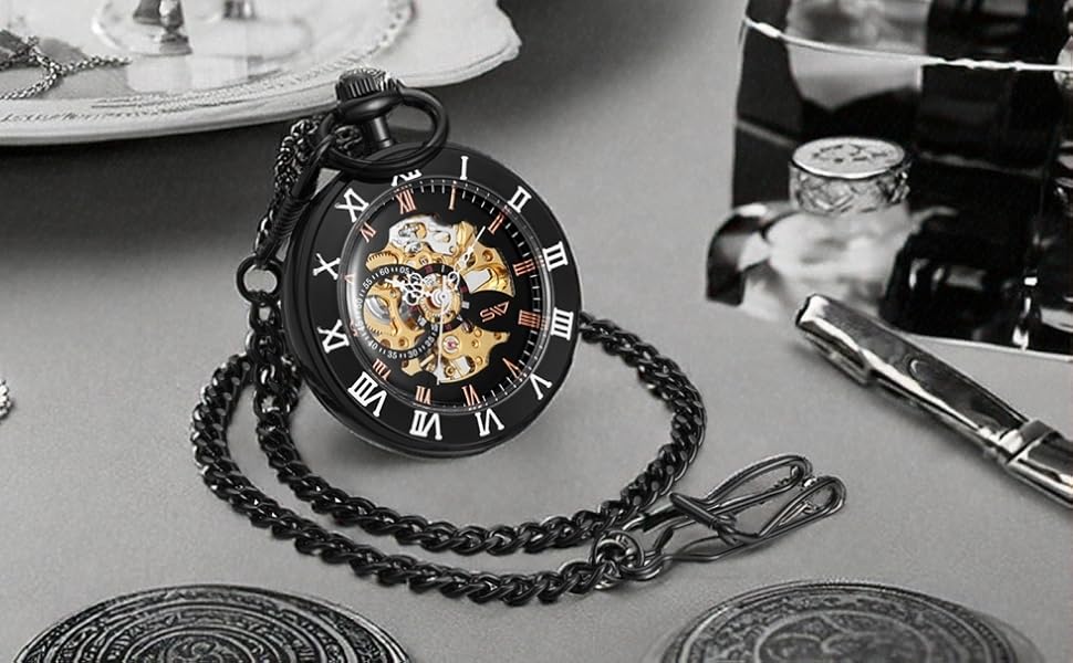 Механічний кишеньковий годинник ShoppeWatch для чоловіків з ланцюжком, ручний завод, прозорий циферблат у стилі стімпанк (чорний)