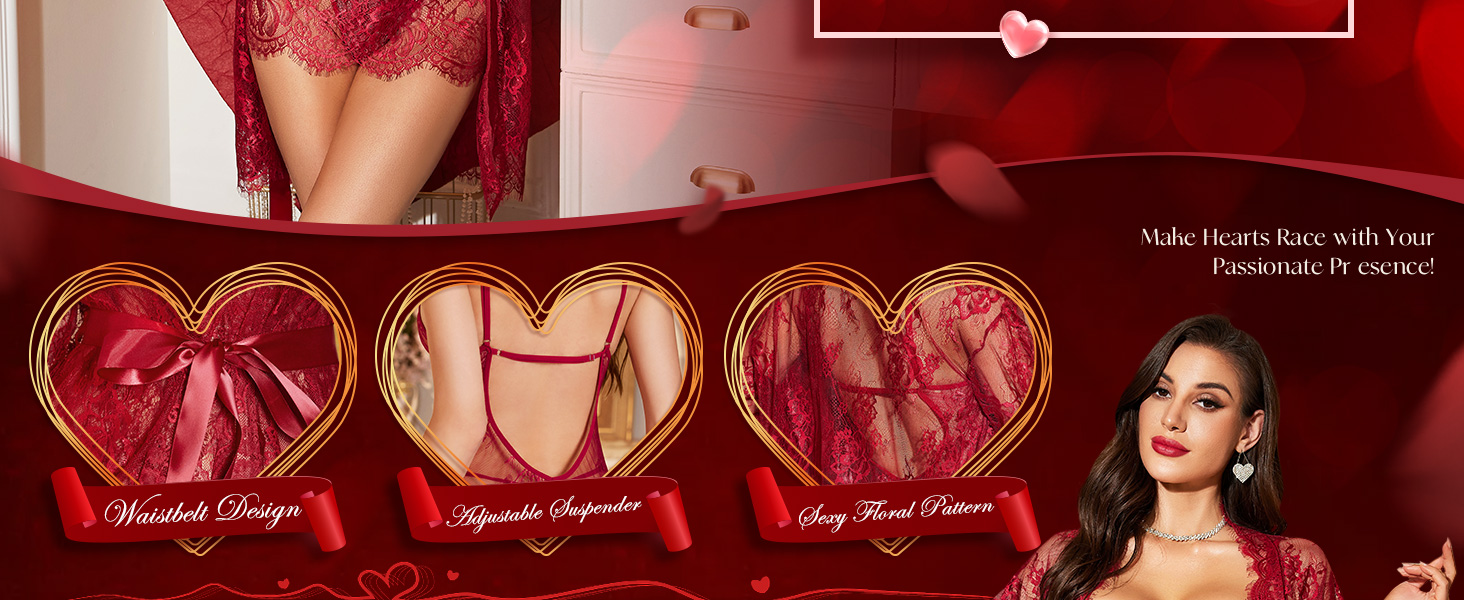 RSLOVE Комплект нижньої білизни для жінок: мереживний комплект з квітковим принтом, 3-частинний (Т-розріз), нічна сорочка, халат, розмір M, бордовий