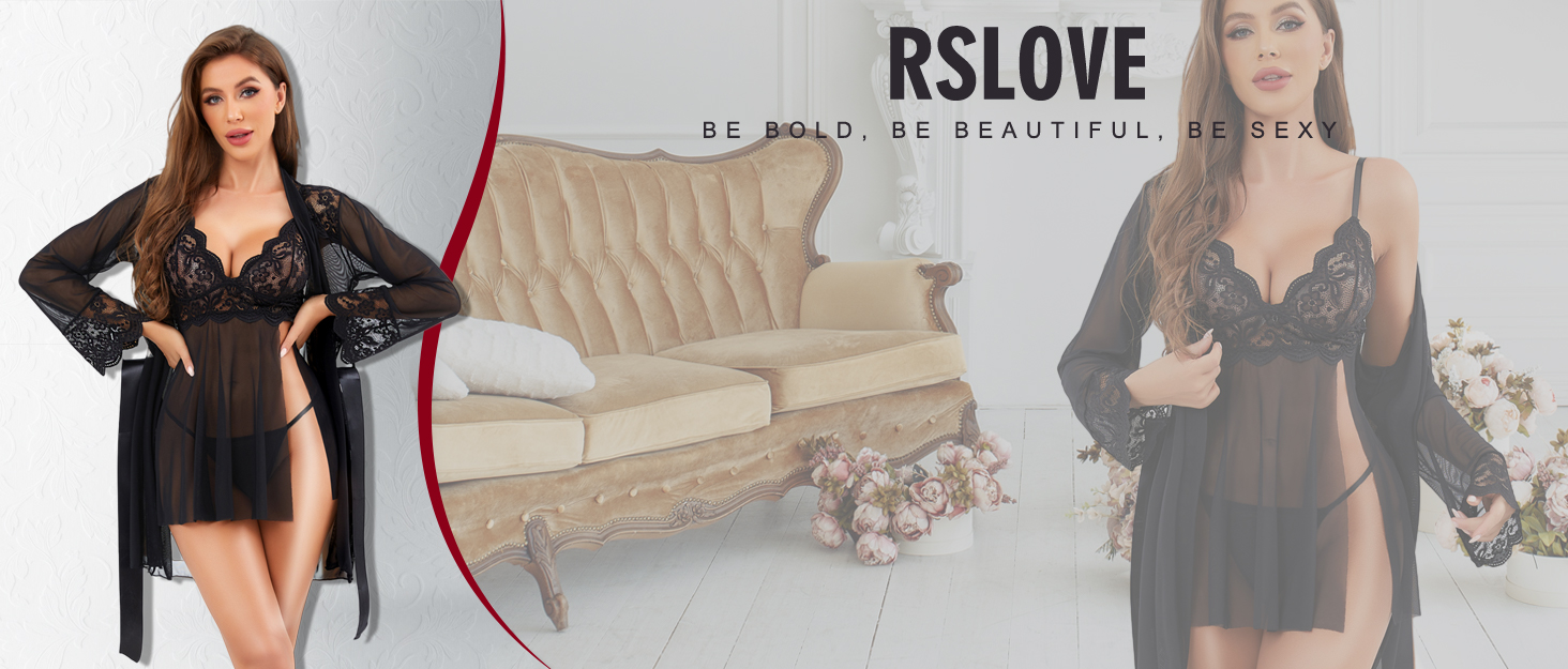 RSLOVE Сексуальний жіночий комплект нижньої білизни: мереживний халат, нігліж, боді з сітки, 3 шт. - Вишневий