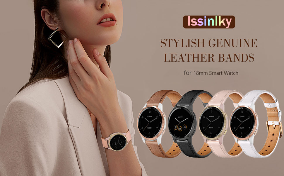Шкіряний ремінець Issinlky 18мм для Garmin Vivoactive 4S, Venu 2S/3S, Vivomove 3S та Fossil Gen 6/5E/4/3 — білий
