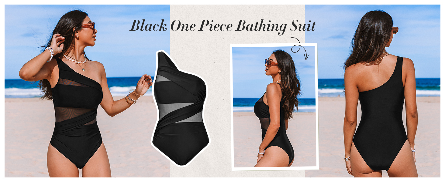 Купальник CUPSHE одноплечий з прозорою сіткою, драпірування, контроль живота, асиметричний, чорний