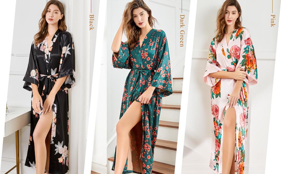 Халат жіночий довгий з атласу, квітковий принт, модель кімоно, Babeyond. Ідеально для дому, відпочинку та вечірок.
