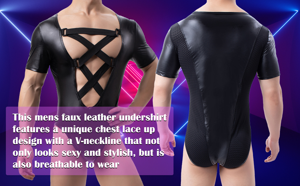 Чоловічий комбінезон з лакованої шкіри, мокрий ефект, шкіряна білизна, боді, відкриті труси, трикотажний боді, чорний, клубний одяг, XXL