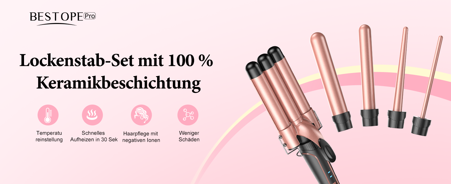 Набір плойок для волосся BESTOPE PRO 5 в 1: 3 змінні насадки для великих хвиль, регулювання температури, швидкий підігрів, колір рожеве золото