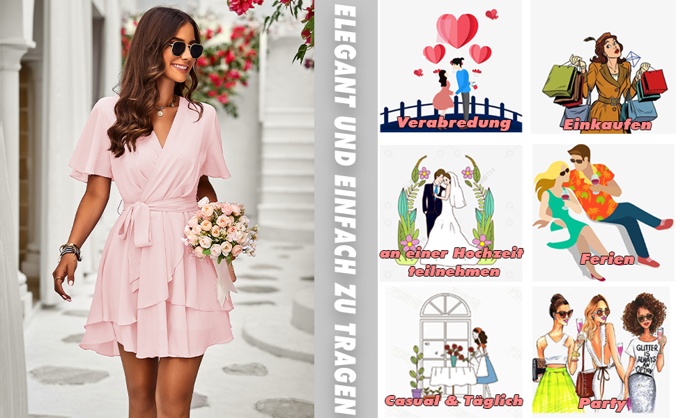 Сукня-туніка з шифону, коротка, з V-подібним вирізом, на короткий рукав, літня, однотонна, елегантна, з рюшами, міні, повсякденна, трапецієподібна, з високою талією, для вечірок, сукня-кокетка з поясом, колір вишневий, розмір S