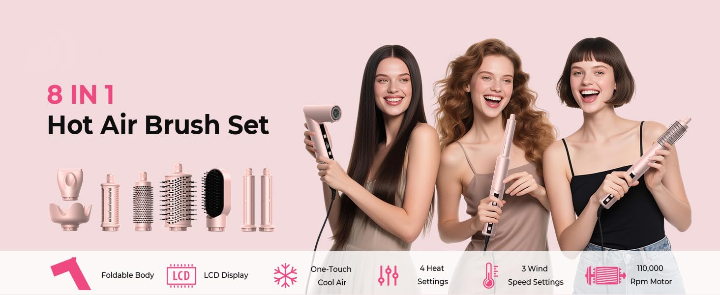 Мультистайлер для волосся 5 в 1 UKLISS Airstyler Pro 1000W: фен, круглі щітки для об'єму, плойка та випрямляч, Рожевий
