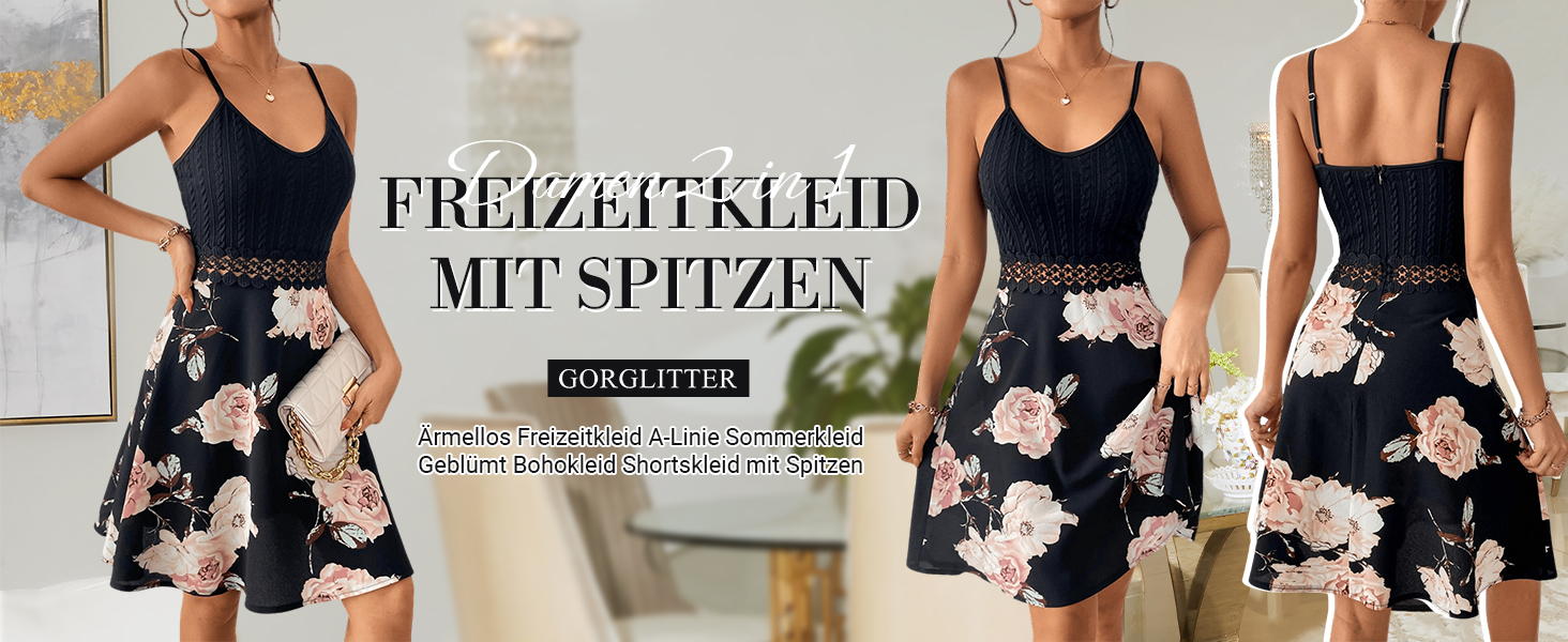 Сукня жіноча GORGLITTER A-силуету без рукавів, літня квіткова бохо сукня з мереживом, міні-сукня для відпочинку, чорна, розмір M