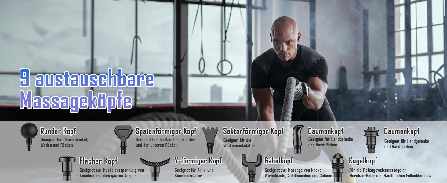 Перкусійний масажер Massage Gun з LED-дисплеєм, електричний масажний пістолет для м'язів (20 швидкостей, 9 насадок), сірий