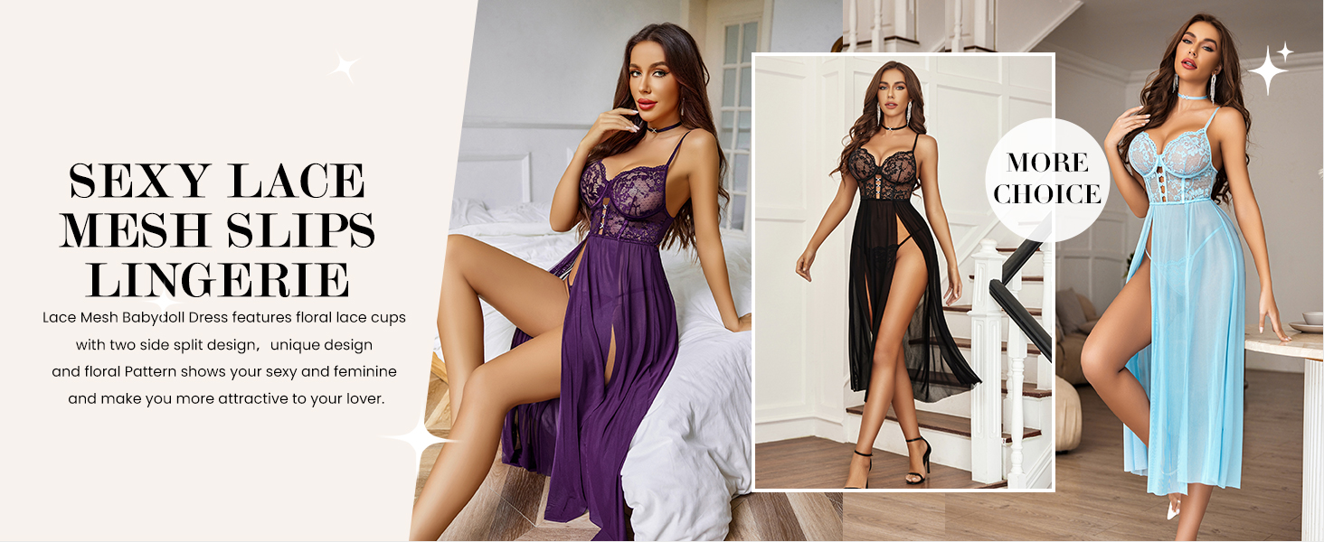 Avidlove Сексуальна спідня білизна для жінок: комплект з мережива, мереживна нічна сорочка-бабочка, корсет, нічне вбрання з боковим розрізом, XL, чорний