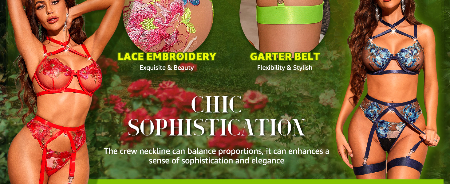 RSLOVE Комплекти нижньої білизни для жінок - Сексуальна спідня білизна з бретелями, мереживна піжама, комплект бюстгальтера та трусиків з стрічкою, XL, блакитний
