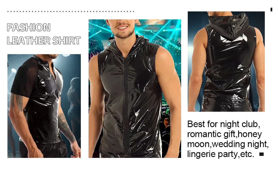 Чоловіча сорочка з лакованої шкіри, Wetlook, коротка, чорна - AIEOE