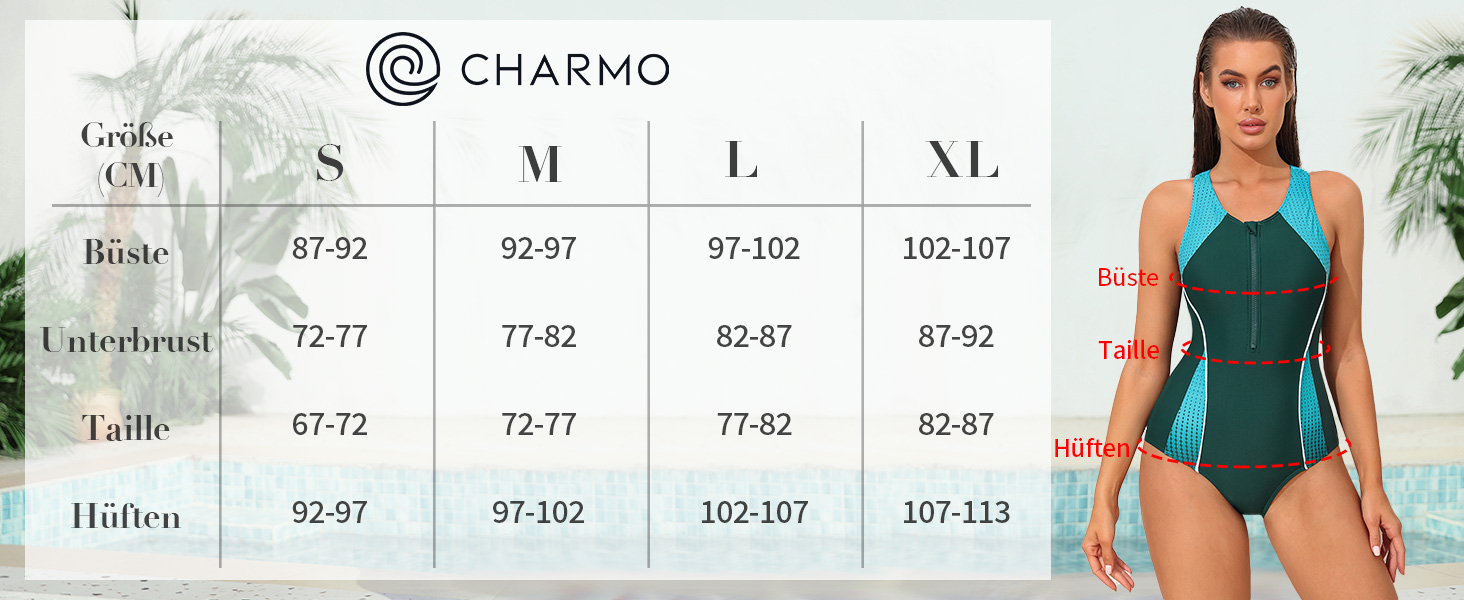 Чармо жіночий купальник для спорту з животом, цілісний з блискавкою спереду, купальник з чашками, чорний/білий, XL