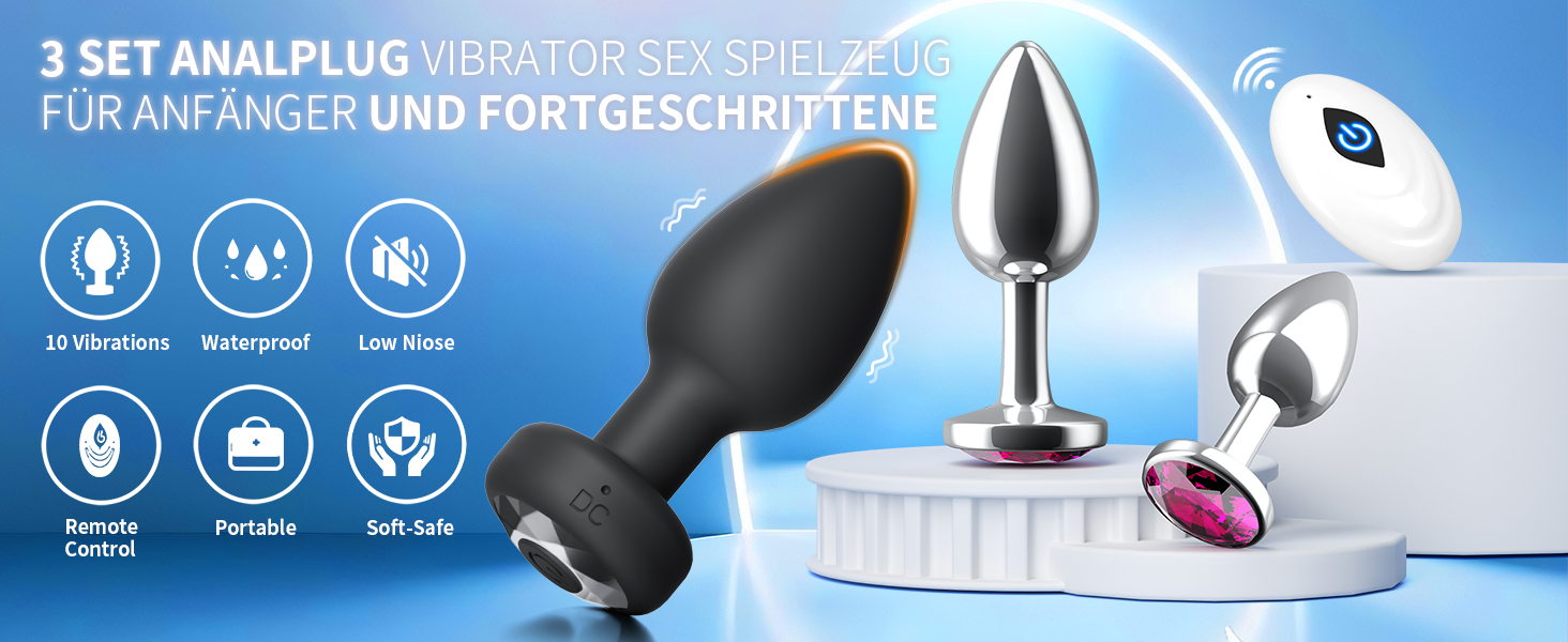 Анальні пробки для жінок та чоловіків, набір 3 шт. Силікон, метал, вібрація 10 режимів. Іграшки для дорослих, підходять для початківців, пар.
