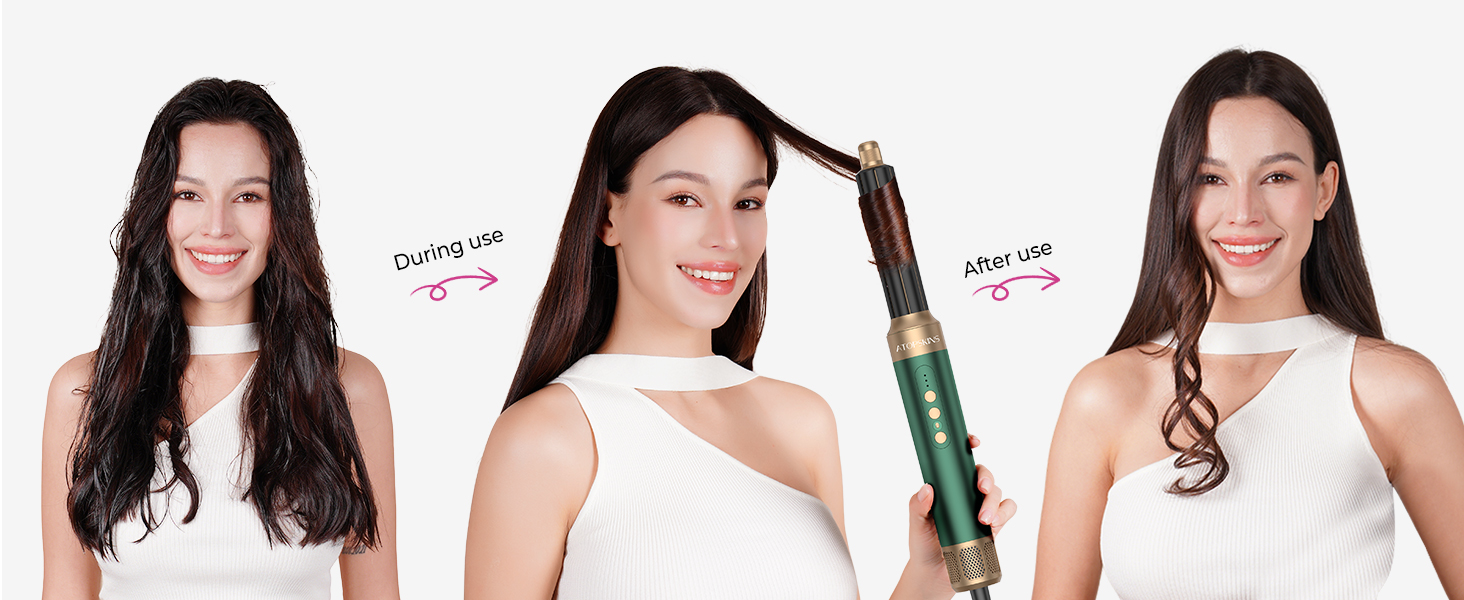 Мультифункціональний стайлер для волосся 7 в 1 Atopskins Airstyler Pro: фен з дифузором, круглі щітки, випрямляч та плойка для локонів Beach Waves, зелено-золотий