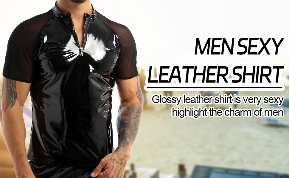 Чоловіча сорочка з лакованої шкіри, Wetlook, коротка, чорна - AIEOE