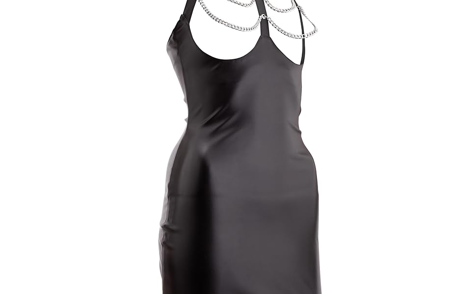 Чорна Троянда - Сукня з екошкіри - Модель Емі - Еротична, елегантна, грайлива, сексуальна, з відкритим декольте, з нашийником та ланцюгами, веганська шкіра