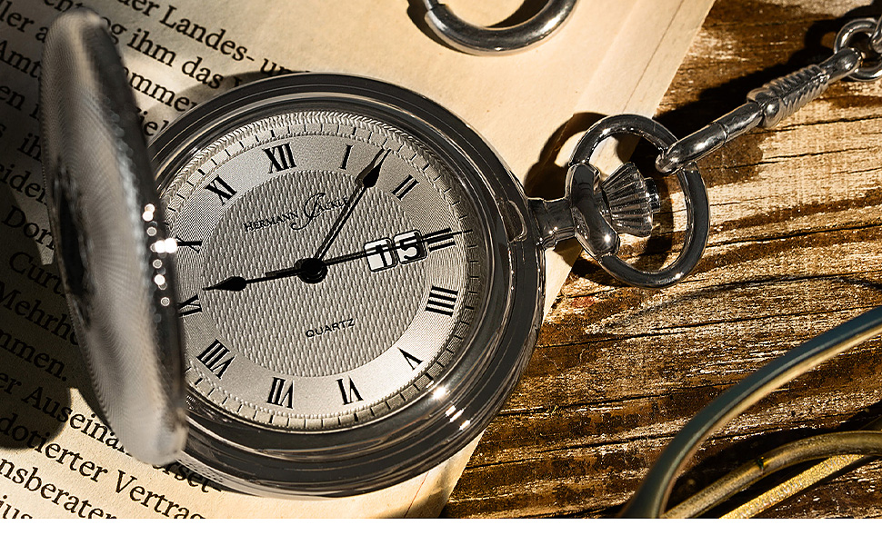 Чоловічий кишеньковий годинник Hermann Jäckle Koblenz II Big Date Quartz 50 мм з великою датою, ланцюжком та дорожнім футляром