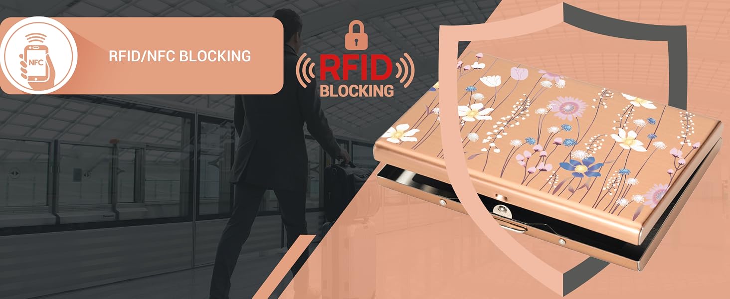 Ультратонкий металевий картхолдер з RFID-захистом від скіммінгу, гаманець для кредитних карток на 6 слотів, колір Rosegold з квітковим принтом, унісекс