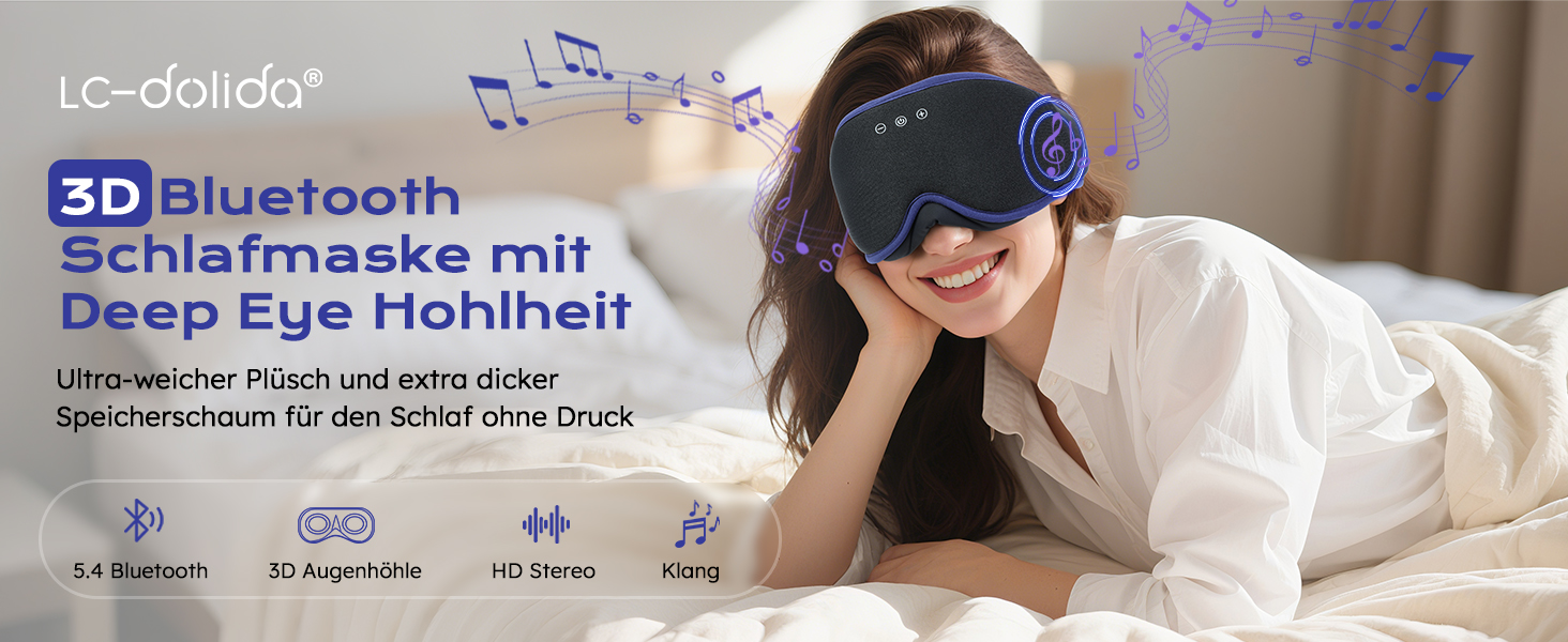 Маска для сну з Bluetooth-навушниками LC-dolida V5.4, дихаюча 3D маска для очей з мікрофоном, бавовняна мийна пов'язка для сну, подорожей та медитації (Ultramarin)