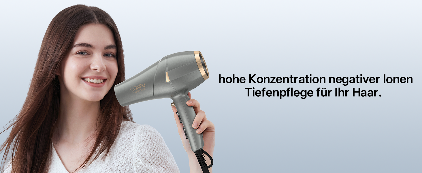 Професійний фен для волосся CONFU 2300W з іонною технологією, дифузором та вузьким соплом, AC-мотор, 2 швидкості, 3 температурні режими та холодний обдув, 220V (Сірий)