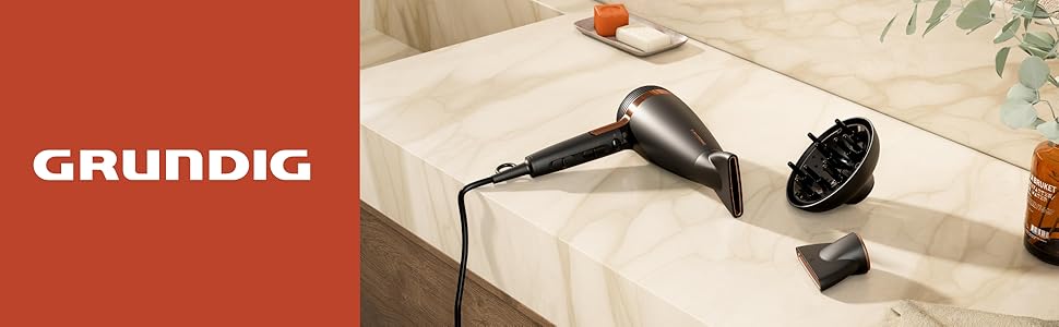 Фен для волосся Grundig Naturashine HD 7081, 2100 Вт, з іонізацією, керамічним покриттям з олією макадамії та кокоса, автоматичним змотуванням кабелю, чорний/рожеве золото