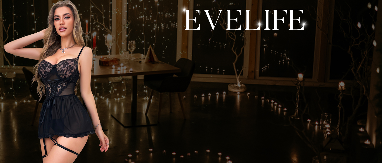 Сексуальний комплект спідньої білизни для жінок: мереживний набір, рейнжержа, нічна сорочка, babydoll з панчішними ремінцями та трусиками, чорний колір