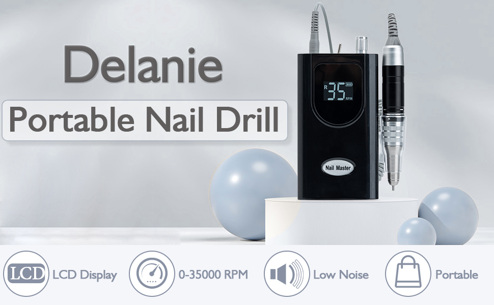 Електричний апарат для манікюру та педикюру Delanie, 35000 об/хв, акумуляторний фрезер для нарощених нігтів та гель-лаку, набір з насадками, регулювання швидкості та реверс (Чорний)