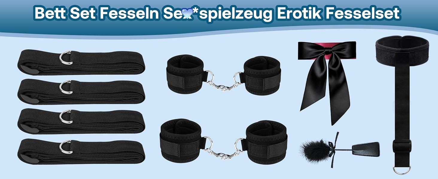 Набір для БДСМ-фетишу: комплект для пар, з наручниками, фіксаторами для ніг, пов'язкою на очі та пір'ям. Регульовані фіксатори від шиї до зап'ястя. Чорний колір.