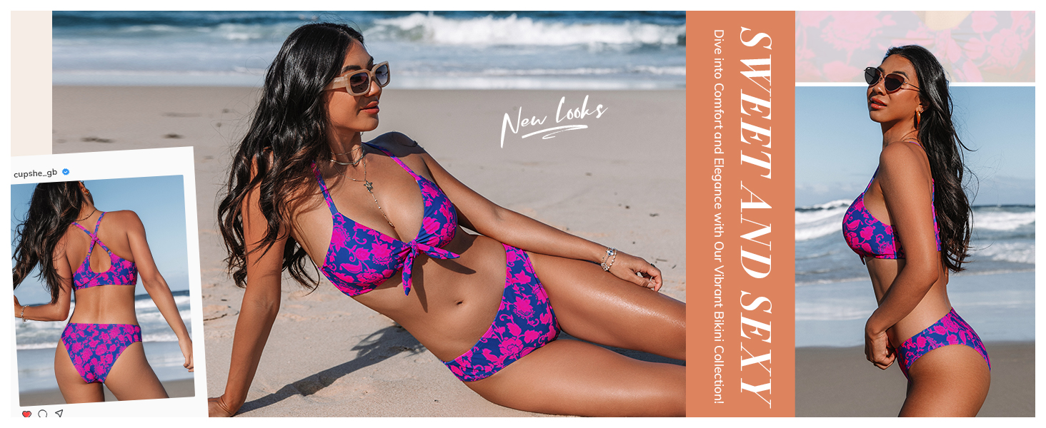 CUPSHE Bikini Set Daen: двочастинний купальник з V-подібним вирізом, зав'язками спереду, низькою талією та перехресними бретелями. Темно-зелений візерунок, розмір XL, колір Hot Pink