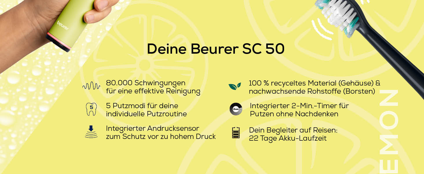 Електрична сонічна зубна щітка Beurer SC 30, 4 режими чищення, 80 000 вібрацій, LED-дисплей, таймер зон, колір Splashy Lemon, 2 насадки