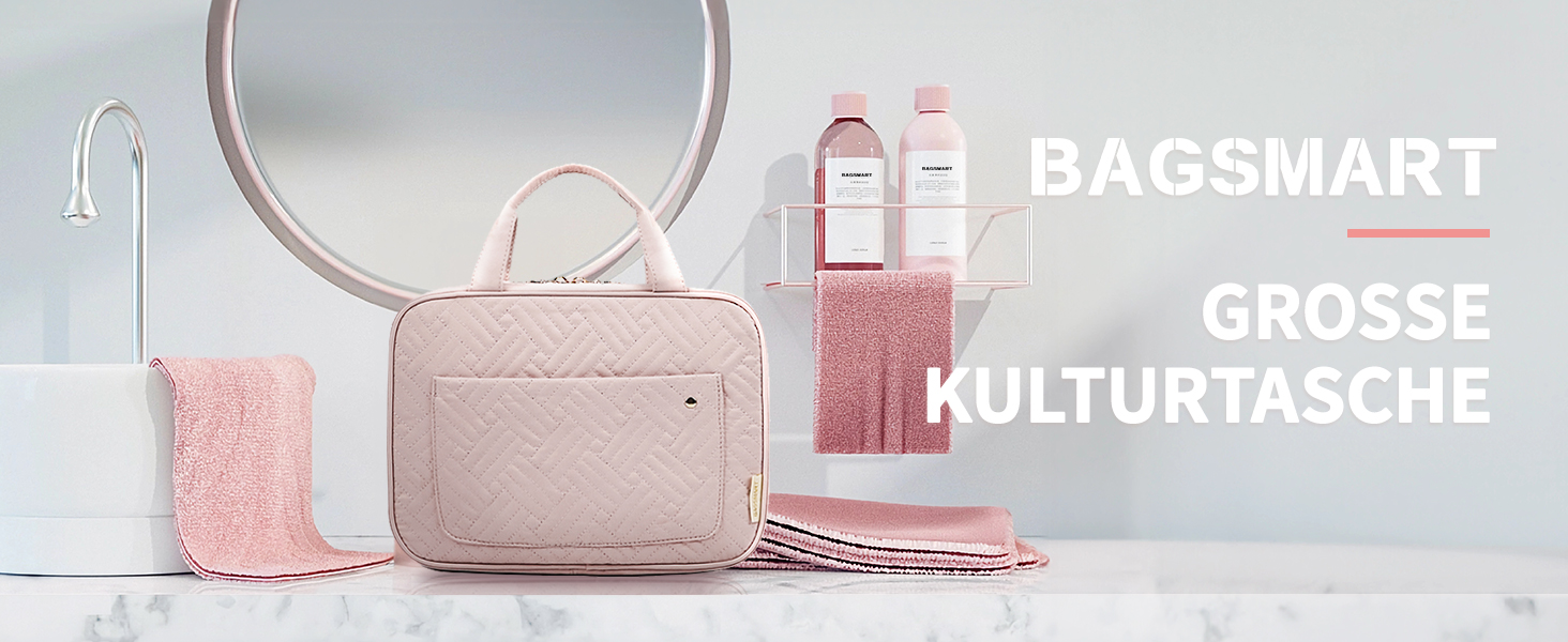 Дорожня косметичка BAGSMART для жінок, водонепроникний органайзер для косметики та аксесуарів з гачком, 4 відділення, рожева, розмір M