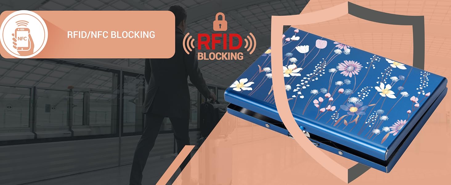 Стильний металевий картхолдер з RFID-захистом від скімінгу, ультратонкий гаманець для карт на 6 слотів, синій з квітковим принтом, унісекс