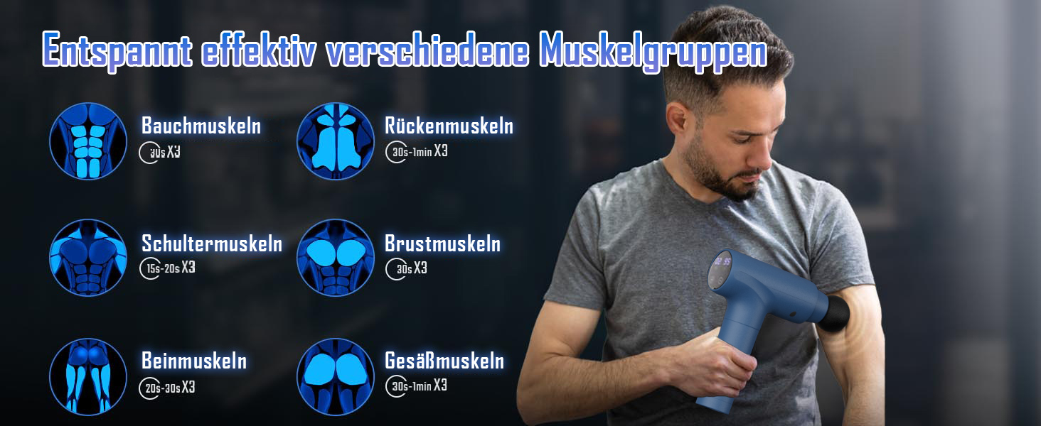 Перкусійний масажер Massage Gun з LED-екраном, електричний масажний пістолет для м'язів: 20 швидкостей, 9 насадок, сумка для перенесення, синій