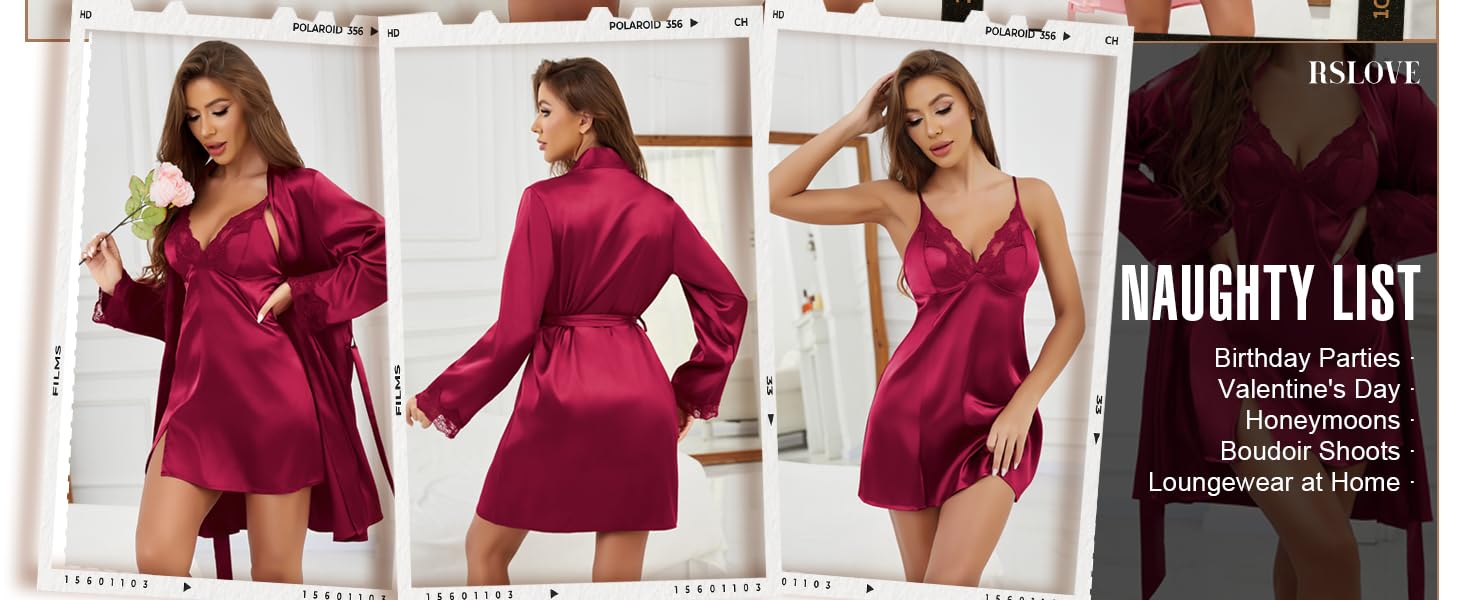 Комплект жіночого шовкового нічного одягу RSLOVE - Сексуальна нічна сорочка з мереживом та халат, 2-частинний комплект чорного кольору