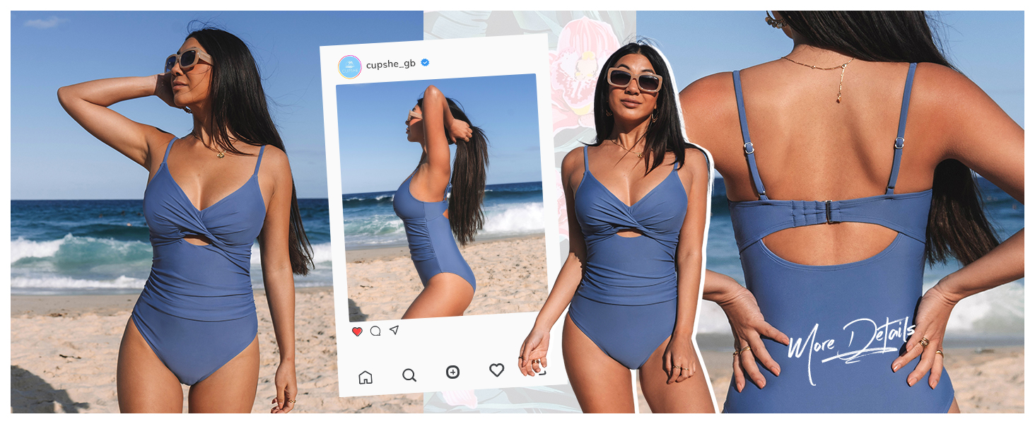 Купальник CUPSHE з V-подібним вирізом, ефект зав'язування, корегуючий, з декоративними вставками, суцільний, синій