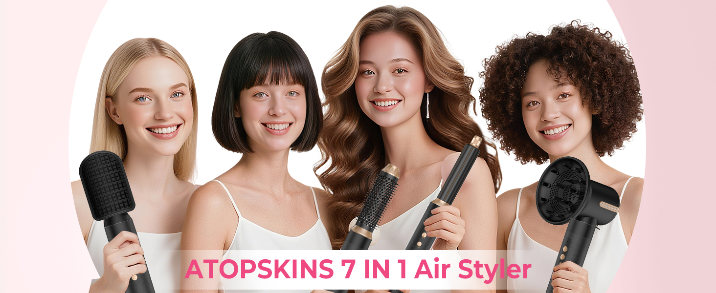 Мультифункціональний стайлер для волосся 7 в 1 Atopskins Airstyler Pro: фен з дифузором, круглі щітки, випрямляч та плойка для локонів Beach Waves, чорно-золотий